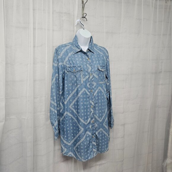 Wrangler Blue tunic button Up blouse Western Boho Casual M - Picture 5 of 12